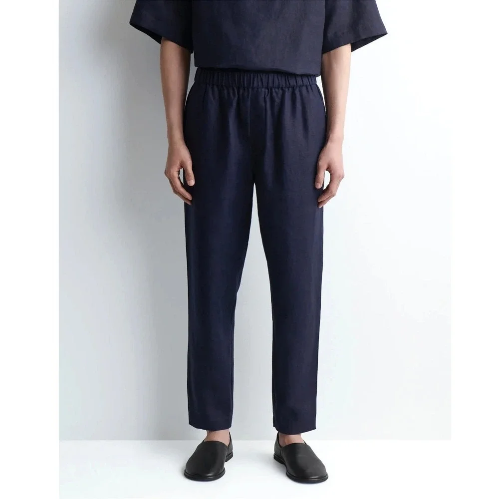 COS Linen Blend Denim Chambray Easy Pant Men M EU 48 Dark Blue Elasticized Waist